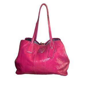 Coach Patent Leather Signature Stitched Framed Kisslock Carryall Raspberry